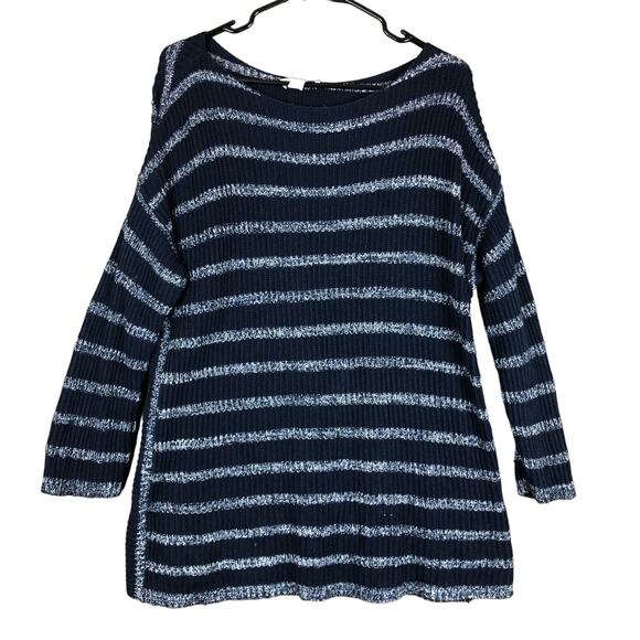Coldwater Creek Womens Sweater Blue Knit Striped Boat Neck Long Sleeve Wool L - Picture 1 of 13